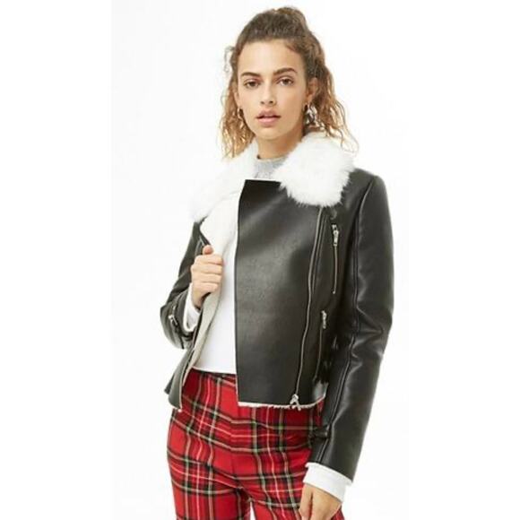 Forever 21 Faux Leather Moto Aviator Jacket Shearling Lined Black White Medium - Picture 1 of 7